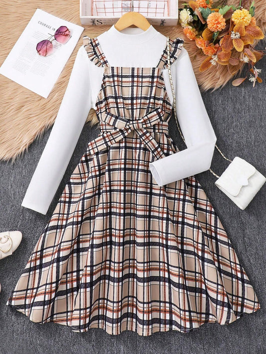 Set De Vestido A Cuadros Con Blusa Blanca Para Adolescente