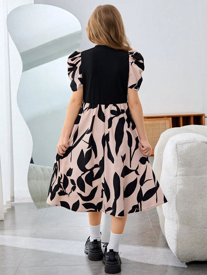 Vestido Elegante Negro Con Estampado De Hojas Para Niña