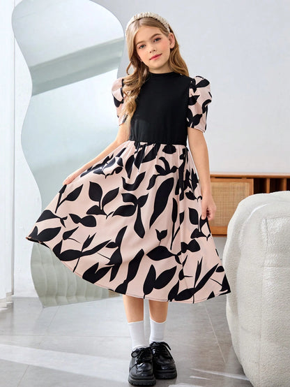 Vestido Elegante Negro Con Estampado De Hojas Para Niña