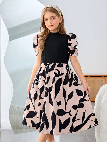 Vestido Elegante Negro Con Estampado De Hojas Para Niña