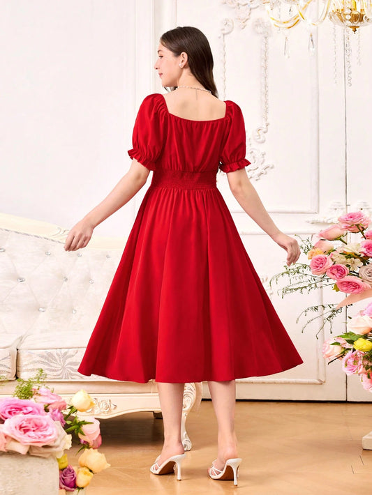 Vestido Rojo Con Mangas Farol Para Niña Adolescente