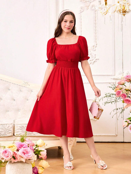 Vestido Rojo Con Mangas Farol Para Niña Adolescente