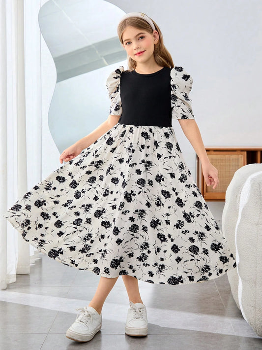 Vestido Elegante Negro Con Flores Para Niña