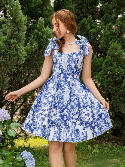 Vestido Floral Azul Con Lazo Desmontable Para Niña Adolescente