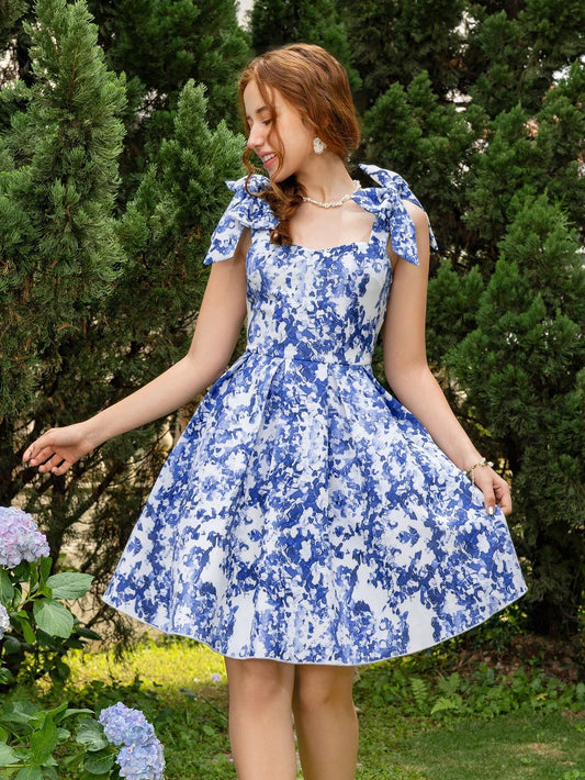 Vestido Floral Azul Con Lazo Desmontable Para Niña Adolescente