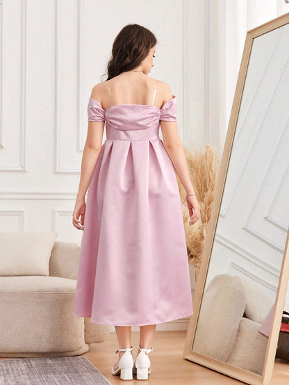Vestido Rosa Elegante Con Hombros Descubiertos Para Niña