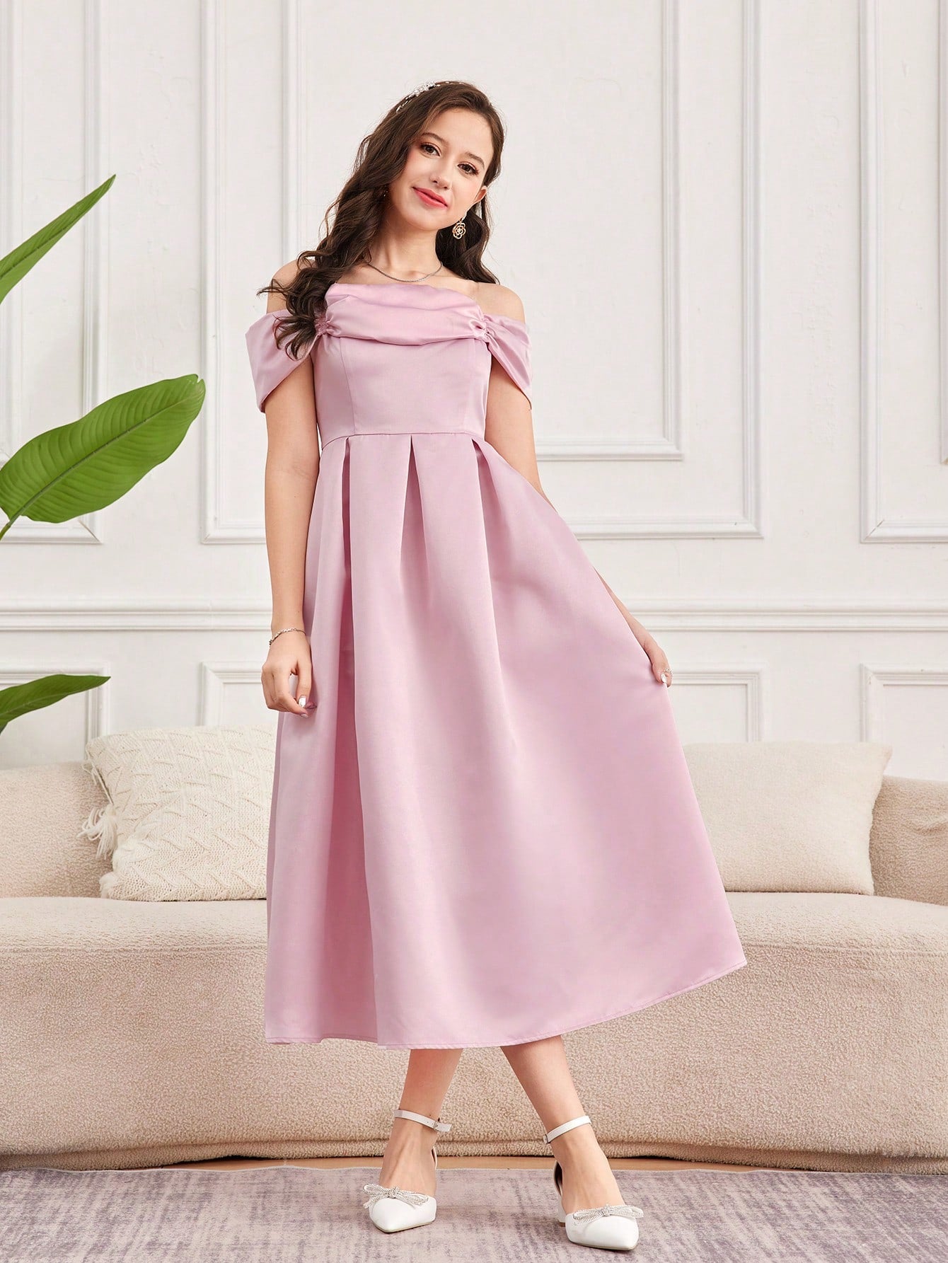 Vestido Rosa Elegante Con Hombros Descubiertos Para Niña