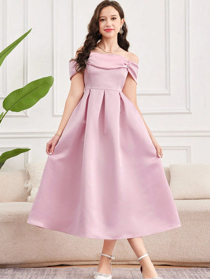 Vestido Rosa Elegante Con Hombros Descubiertos Para Niña
