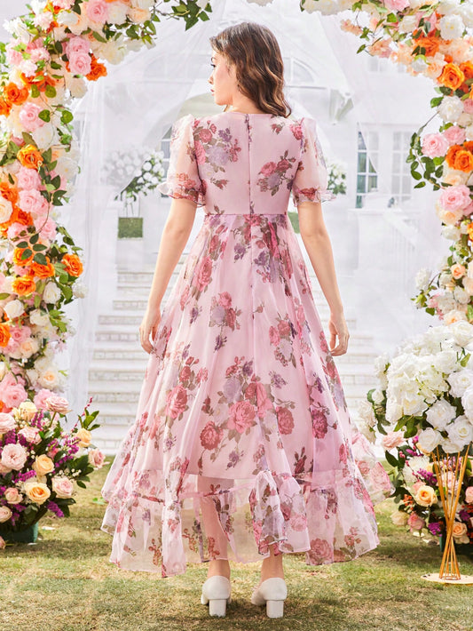 Vestido Largo Floral Elegante De Gasa Para Niña
