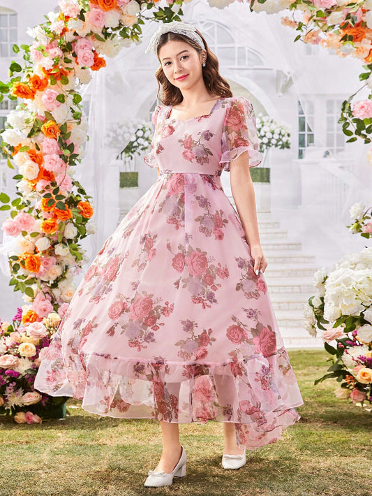 Vestido Largo Floral Elegante De Gasa Para Niña