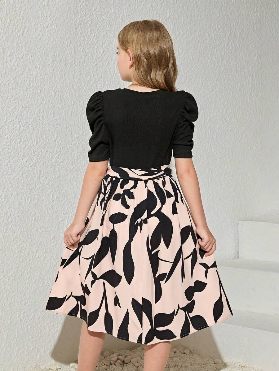 Vestido Negro Con Falda Floral Y Manga Farol Para Niña