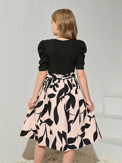 Vestido Negro Con Falda Floral Y Manga Farol Para Niña
