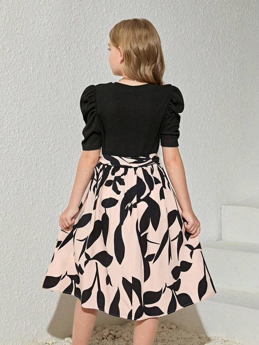 Vestido Negro Con Falda Floral Y Manga Farol Para Niña