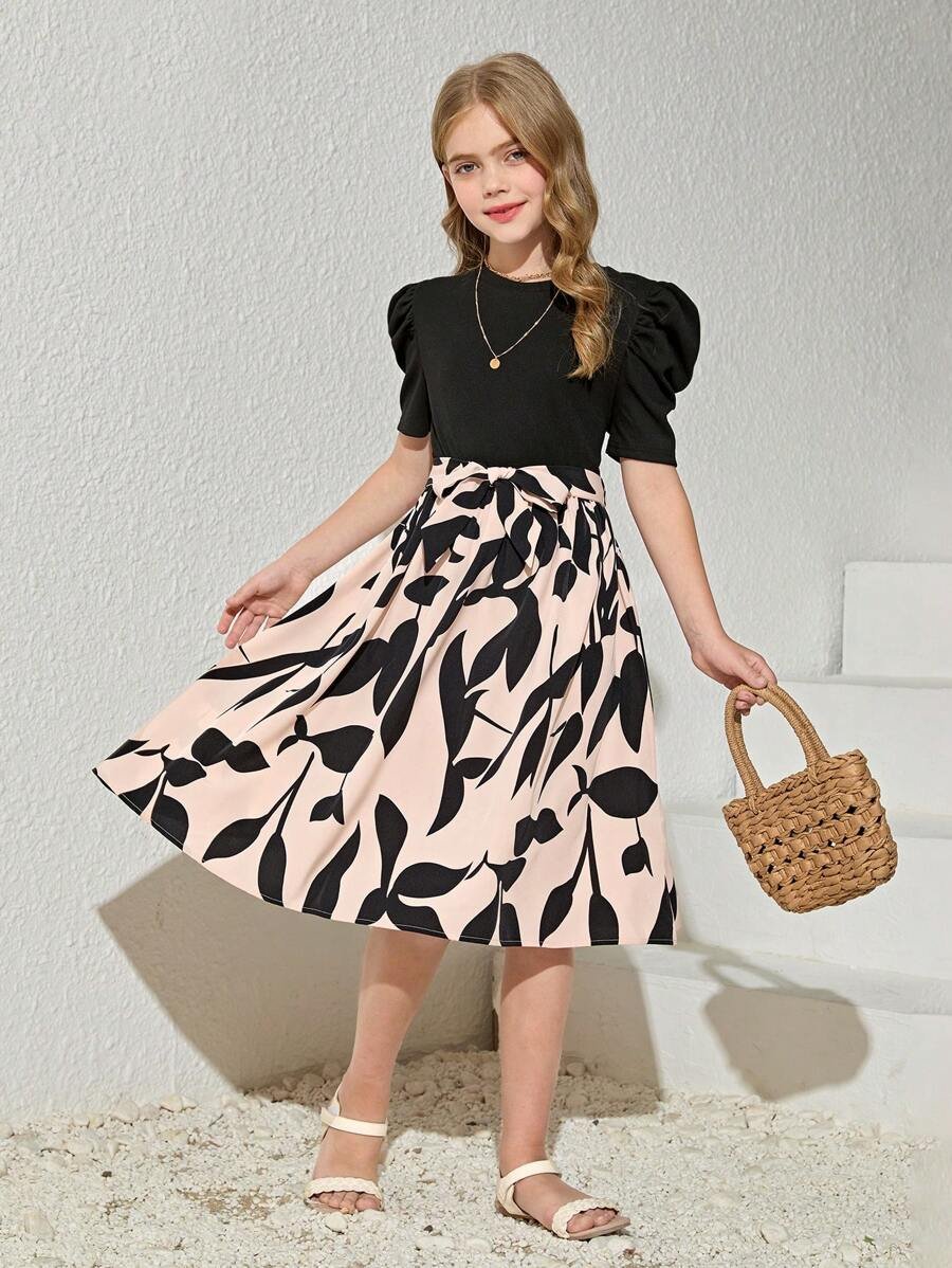 Vestido Negro Con Falda Floral Y Manga Farol Para Niña