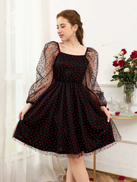 Vestido Negro Con Corazones Rojos Para Adolescente