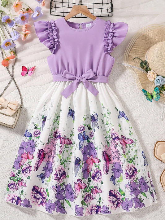 Vestido Lila Con Volantes Y Falda Floral Para Niña