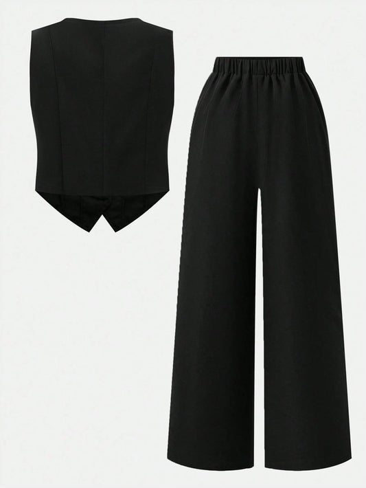 Conjunto Negro Elegante Con Chaleco Y Pantalón Para Niña