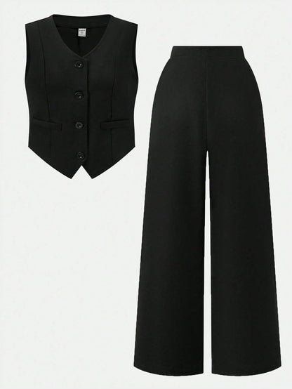Conjunto Negro Elegante Con Chaleco Y Pantalón Para Niña
