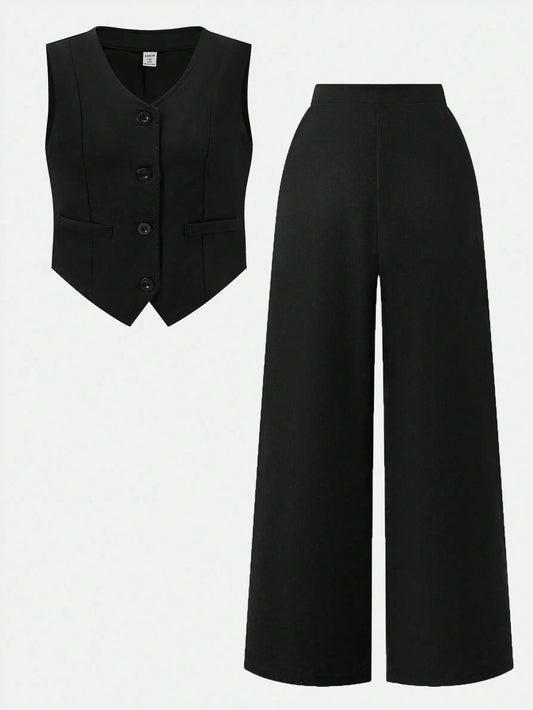 Conjunto Negro Elegante Con Chaleco Y Pantalón Para Niña
