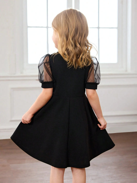 Vestido Negro Elegante Para Niña Con Manga Farol