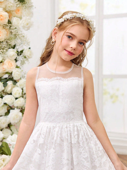 Vestido Blanco De Encaje Elegante Para Niña