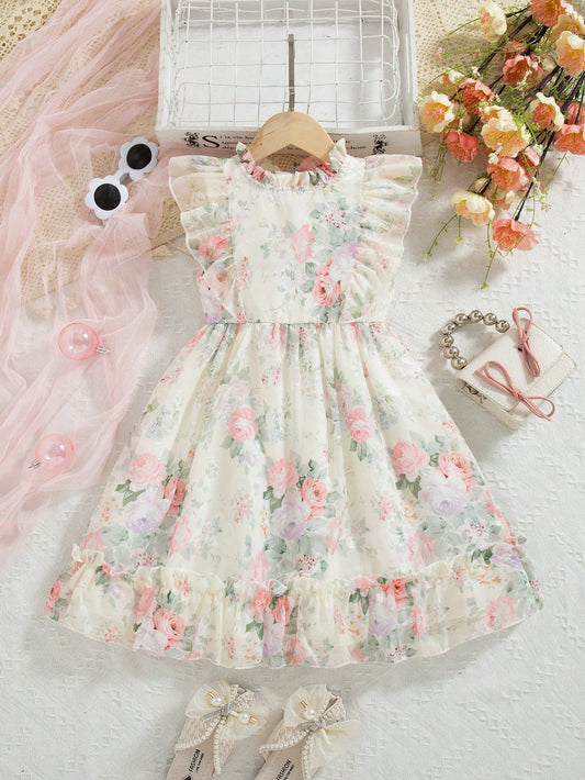 Vestido Floral Rosa Para Niña Con Volantes Románticos