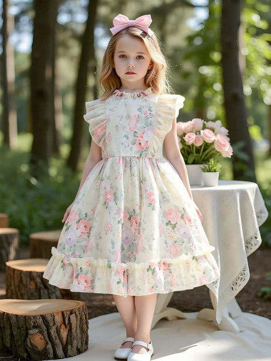 Vestido Floral Rosa Para Niña Con Volantes Románticos