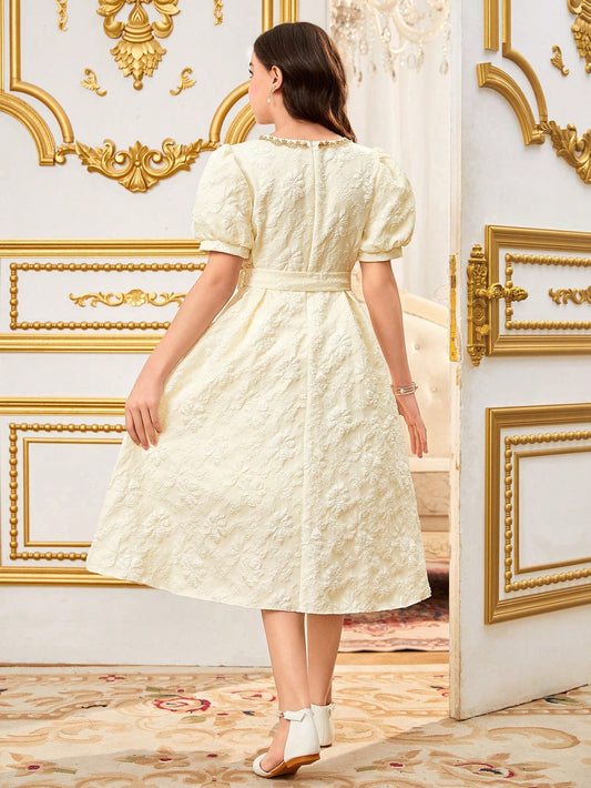 Vestido Albaricoque Midi Con Encaje Y Manga Farol Para Niña