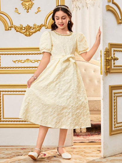 Vestido Albaricoque Midi Con Encaje Y Manga Farol Para Niña