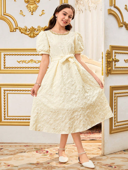 Vestido Albaricoque Midi Con Encaje Y Manga Farol Para Niña