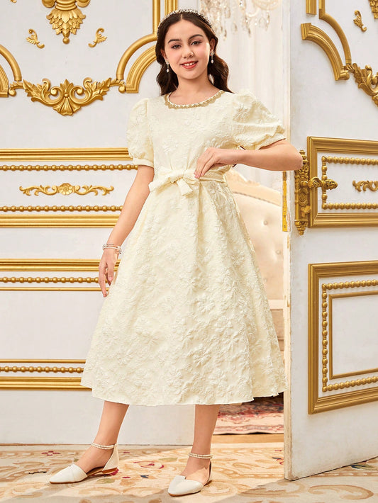 Vestido Albaricoque Midi Con Encaje Y Manga Farol Para Niña