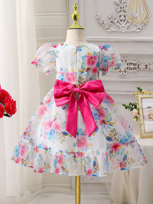 Vestido De Gasa Con Estampado Floral Para Niña