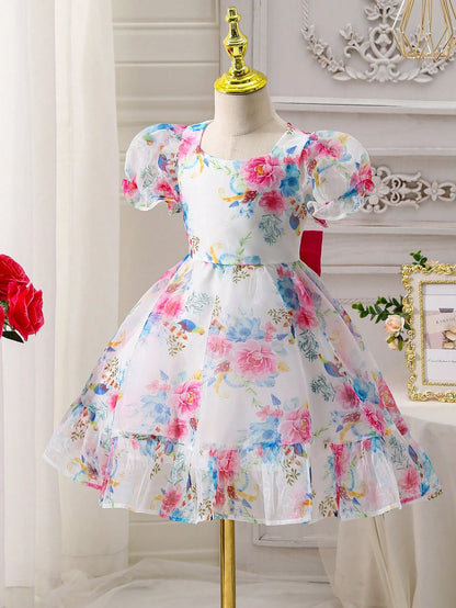 Vestido De Gasa Con Estampado Floral Para Niña