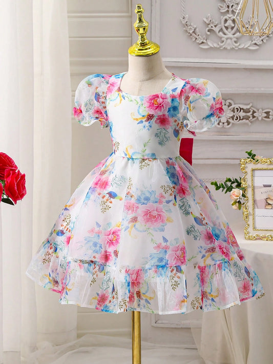 Vestido De Gasa Con Estampado Floral Para Niña