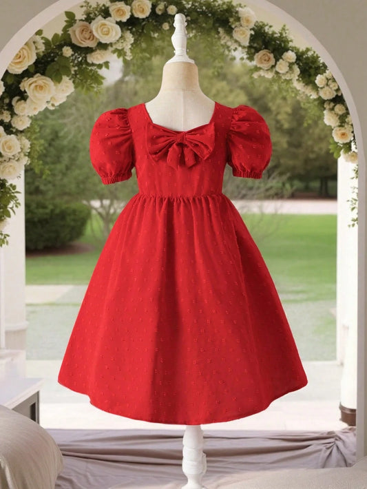 Vestido Rojo Elegante Con Lazo Para Niña