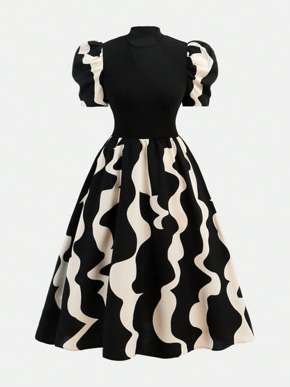 Vestido Elegante Con Manga Farol Y Estampado Para Niña