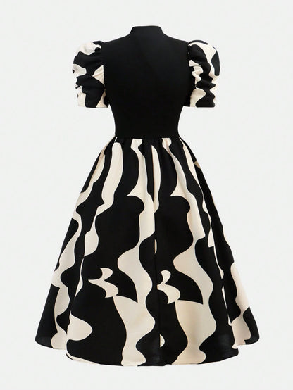 Vestido Elegante Con Manga Farol Y Estampado Para Niña