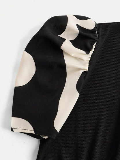 Vestido Elegante Con Manga Farol Y Estampado Para Niña