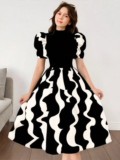 Vestido Elegante Con Manga Farol Y Estampado Para Niña