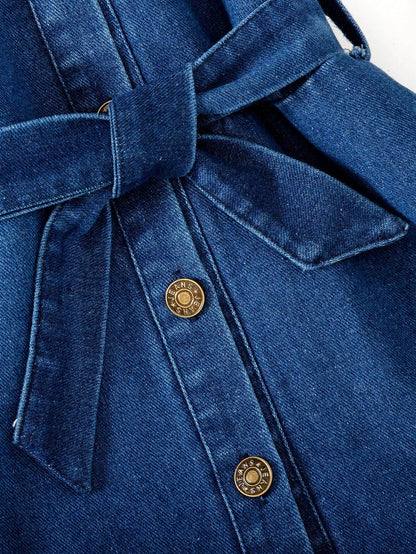 Vestido Camisero De Mezclilla Azul Para Niña Con Volantes