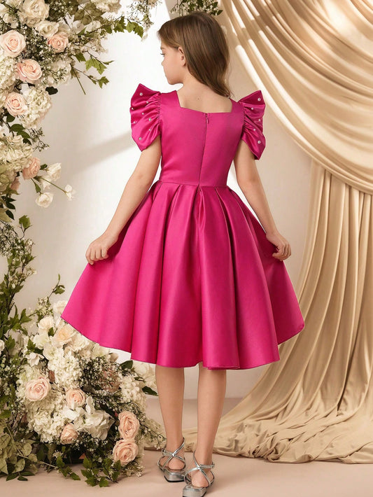 Vestido Rosa Fucsia Elegante Con Perlas Para Niña
