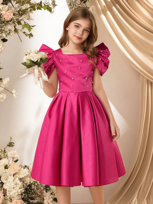 Vestido Rosa Fucsia Elegante Con Perlas Para Niña