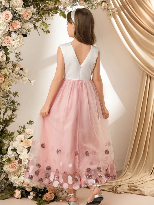 Vestido Largo Rosa Con Falda De Gasa Para Niña