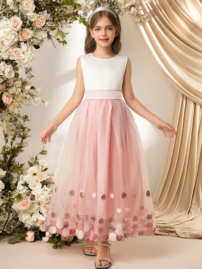 Vestido Largo Rosa Con Falda De Gasa Para Niña