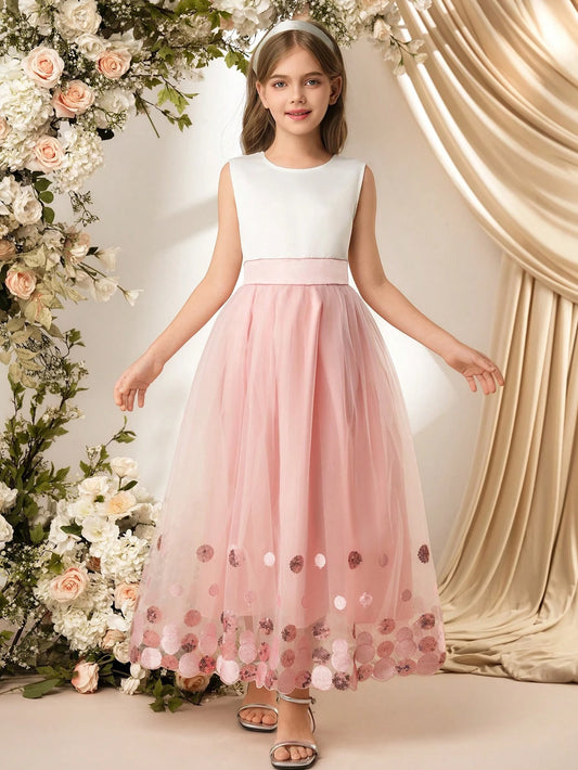 Vestido Largo Rosa Con Falda De Gasa Para Niña