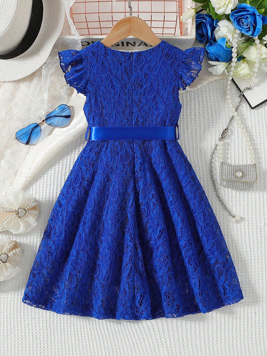 Vestido Azul De Encaje Con Cinturón Para Niña