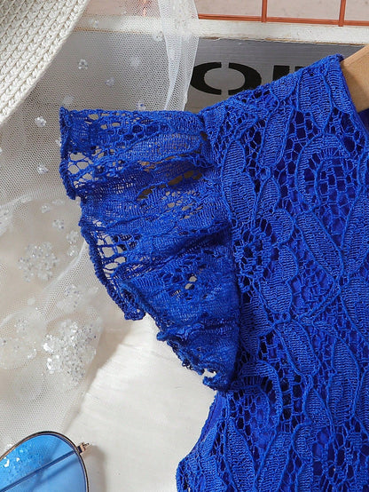 Vestido Azul De Encaje Con Cinturón Para Niña