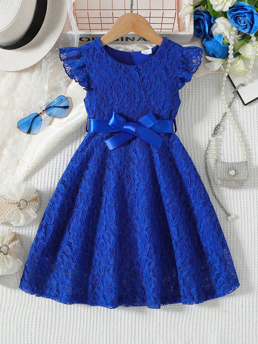 Vestido Azul De Encaje Con Cinturón Para Niña