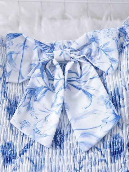 Vestido Celeste Floral Con Manga Farol Para Niña
