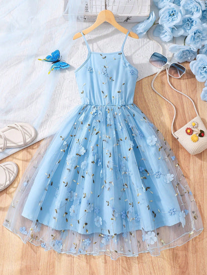 Vestido Azul Elegante Con Tul Bordado Y Tirantes Para Niña